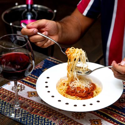 spaghetti bolognese with parmesane cheese